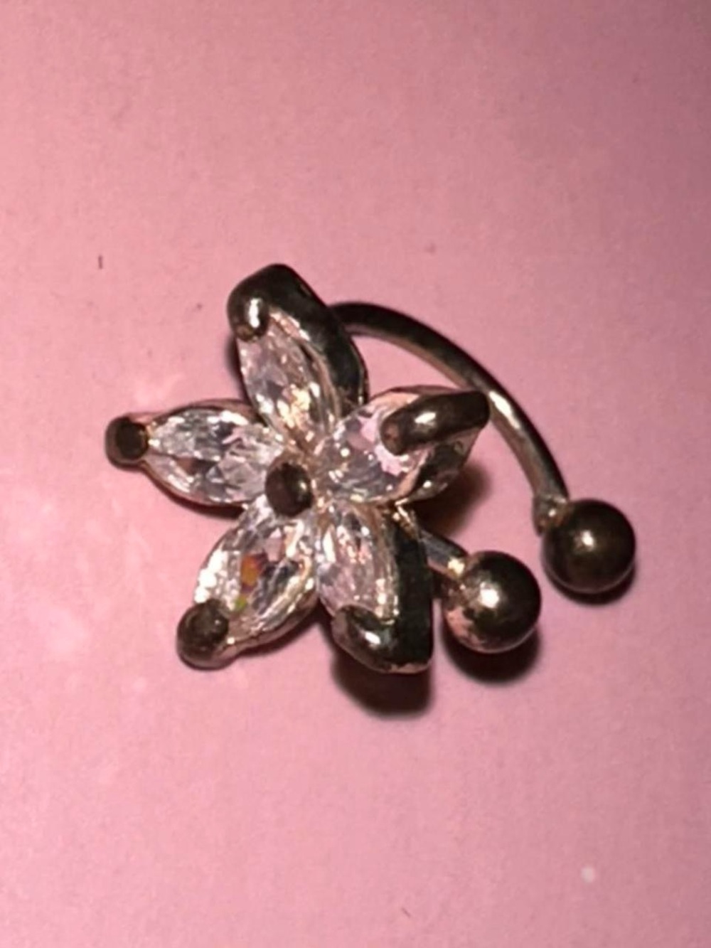 Flower Crystal Navel Ring - Clear Crystal Silver Tone